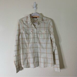 Arcteryx Womens orange/ white plaid long sleeve button down shirt L